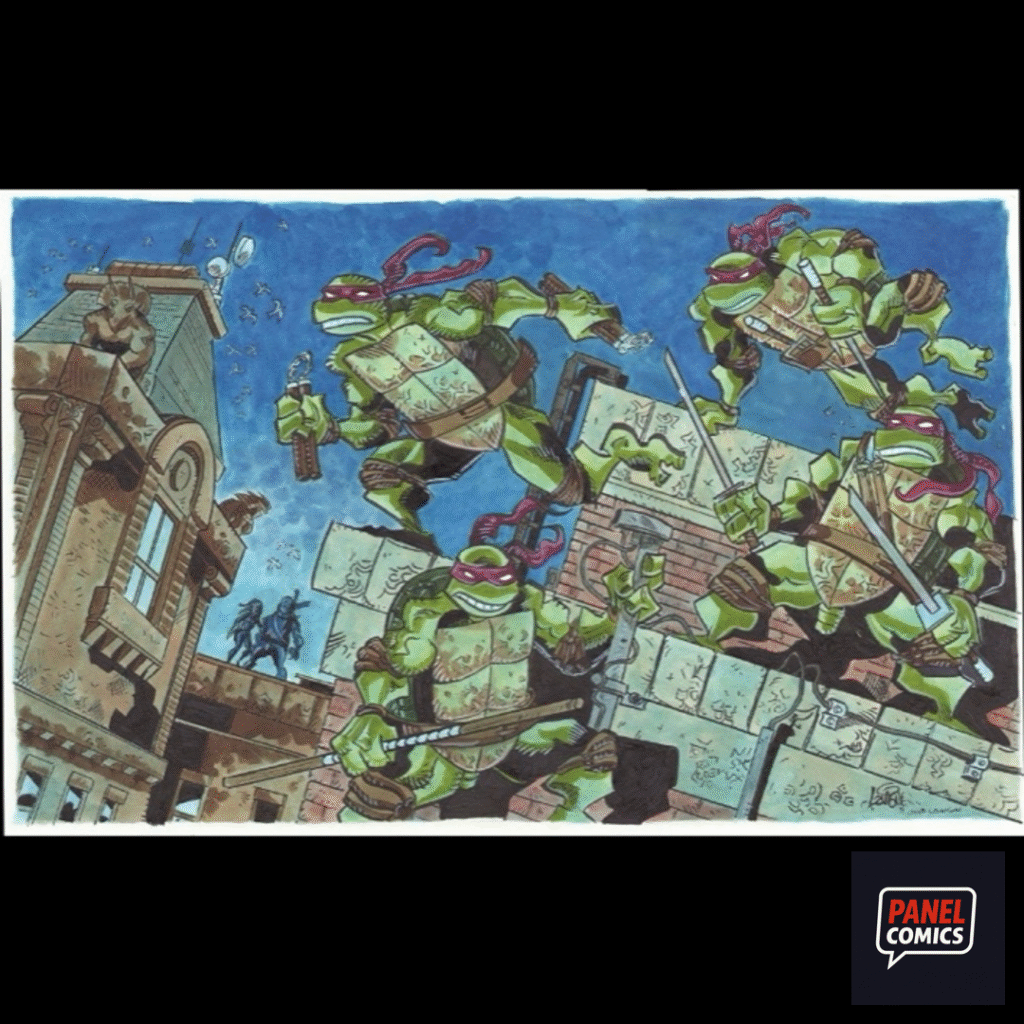 TMNT rooftop illustration penciled by Jim Lawson, colored by Steve Lavigne, from Shell Shock (1990)